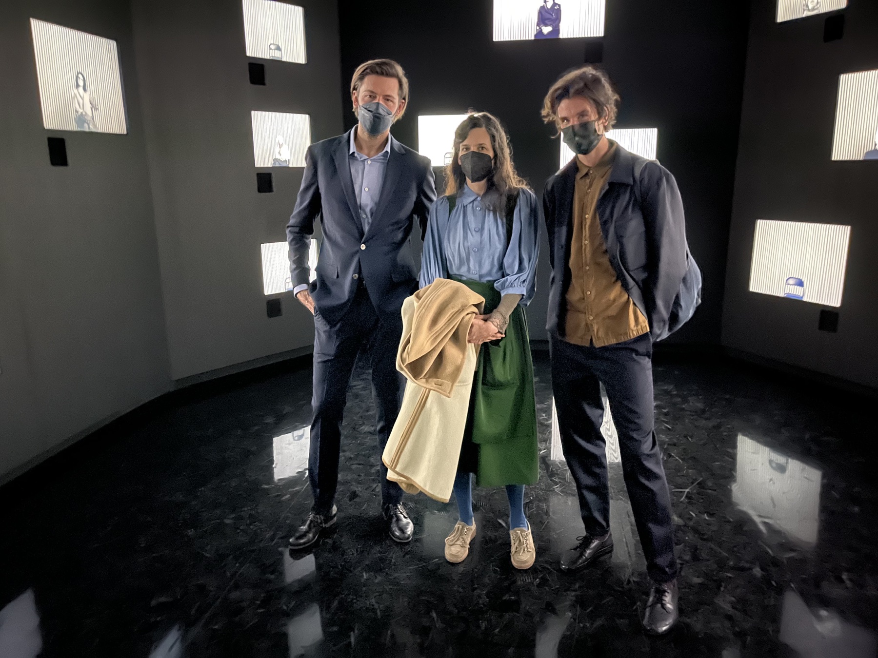 Director Taryn Simon with project collaborators inside The Conversation Machine installation