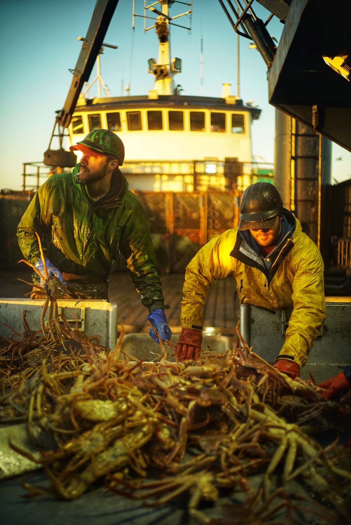 Two deckhands sorting a full crab catch